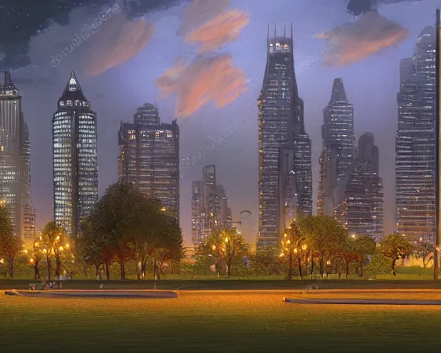 Prompt: a nighttime view of a city park with buildings in the background, a matte painting by zlatyu boyadzhiev, deviantart, dau - al - set, nightscape, panorama, creative commons attribution