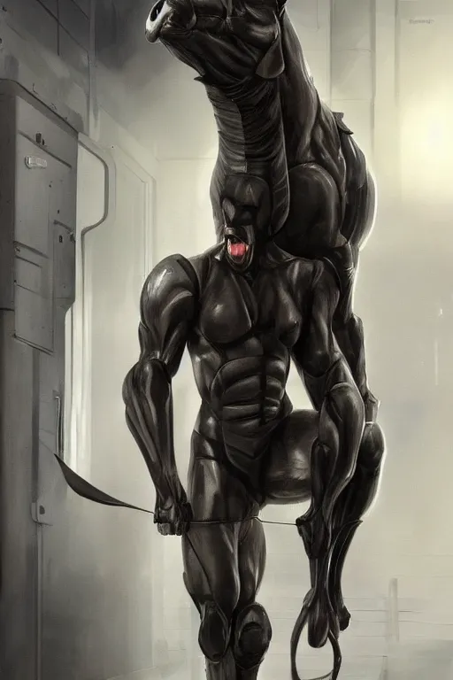 Prompt: a massive absurdly muscular black - coated anthropomorphic horse wearing a skintight tactical suit, kevlar, leather, defending a corridor of a research facility, game character, highly detailed, digital painting, artstation, concept art, illustration, art by artgerm, greg rutkowski, wlop