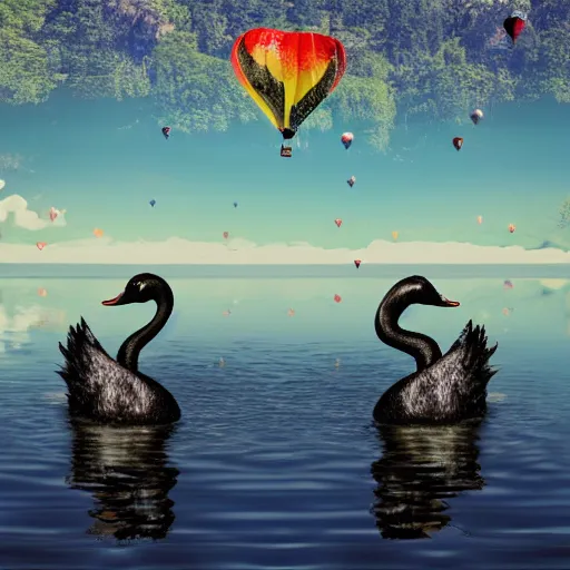 Image similar to photo of two black swans swimming in a beautiful reflective mountain lake, touching heads, forming a heart with their necks, a colorful hot air balloon is flying above the swans, hot air balloon, intricate, 8k highly professionally detailed, HDR, CGsociety