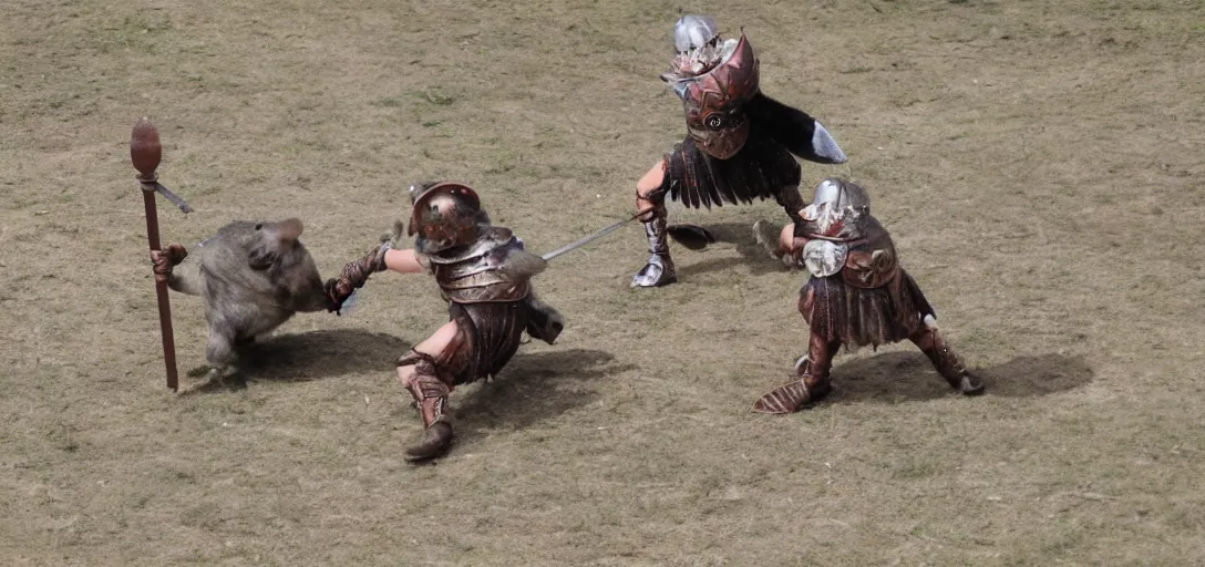 Prompt: mices as gladiator fight in a gladiator arena