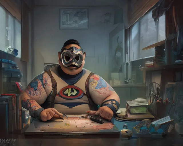 Image similar to an insanely detailed painting of a slightly chubby, nerdy asian man wearing a superhero costume and mask, sitting at a desk, staring at the nervously at the computer and typing, in the style of peter mohrbacher, dramatic lighting and composition, octane render, trending on artstation, concept art, comic book, view from behind