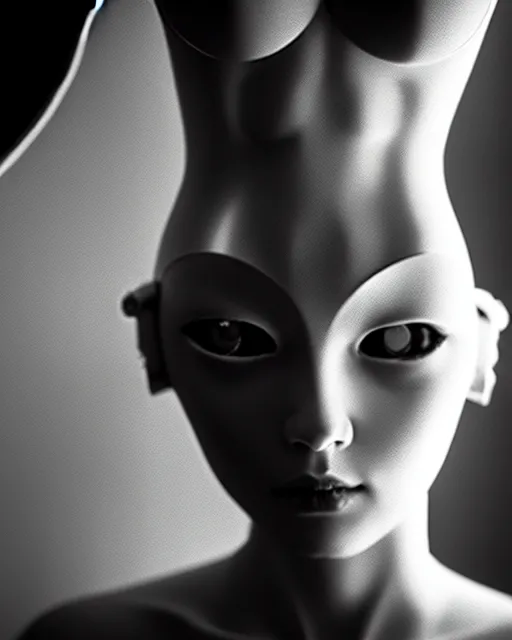 Image similar to black and white high quality photo of a female AI-cyborg-doll looking into a sci-fi mirror, volumetric lighting, hyperdetailed, masterpiece, elegant, dark, in the style of Man Ray,