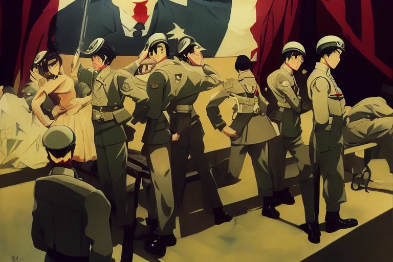 Image similar to anime key visual of dictator fascist nationalist propaganda poster from world war 2 depicting an elite regiment of anime maids commiting war crimes, style of jamie wyeth james gilleard edward hopper greg rutkowski acrylic painting, preserved museum piece, historical
