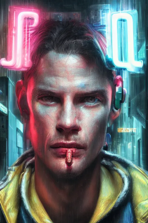 Image similar to detailed portrait of a cyberpunk male with face augmentations, strong neon lighting, raining, mysterious, mirror shades, by glenn fabry, hyper realistic, HD, oil on canvas