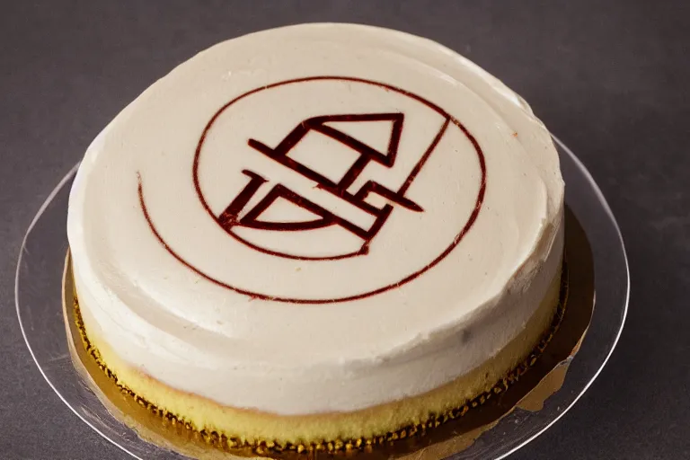 Prompt: a vanilla cake with aphex twin logo frosting on top, product photography