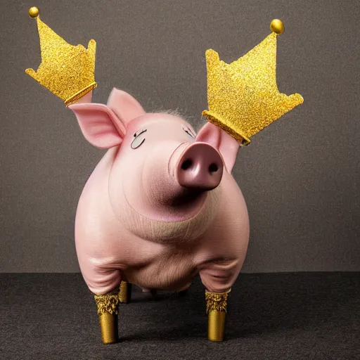 Prompt: studio photograph of a happy pig wearing a gold crown depicted as a muppet, jumping, full body