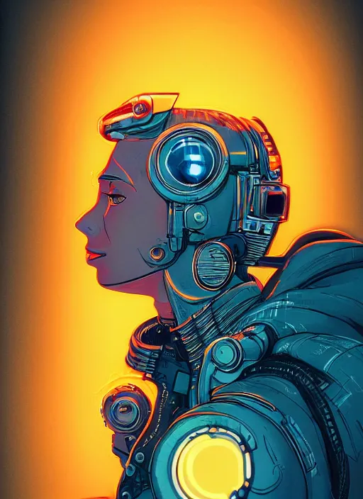 Image similar to portrait of a cyborg humanoid girl with mechanical and electronic element, denim jacket surrounded by neon light, illustrated by Michael Whelan and Laurie Greasley, highly detailed, trending on artstation