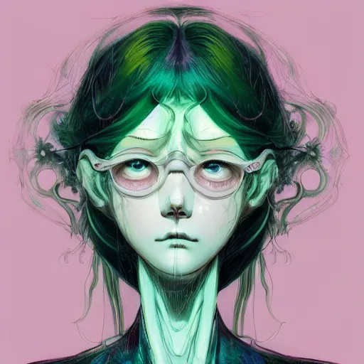 Image similar to prompt : pale violet and deep green portrait soft light painted by james jean and katsuhiro otomo and erik jones, inspired by evangeleon anime, smooth face feature, intricate oil painting, high detail illustration, sharp high detail, manga and anime 1 9 9 9