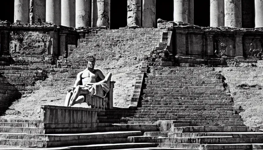 Image similar to 1 9 6 0 s movie still close - up of caligula lay dead on the ancient amphitheater's stairs on a blood flaque, cinestill 8 0 0 t 3 5 mm, high quality, heavy grain, high detail, dramatic light, anamorphic, blood