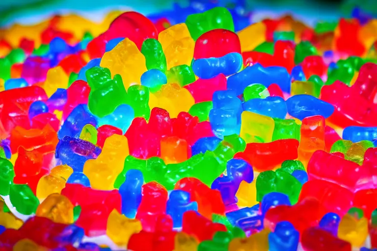 Prompt: desert oasis made of gummy candy, 8 5 mm bright - light photography,