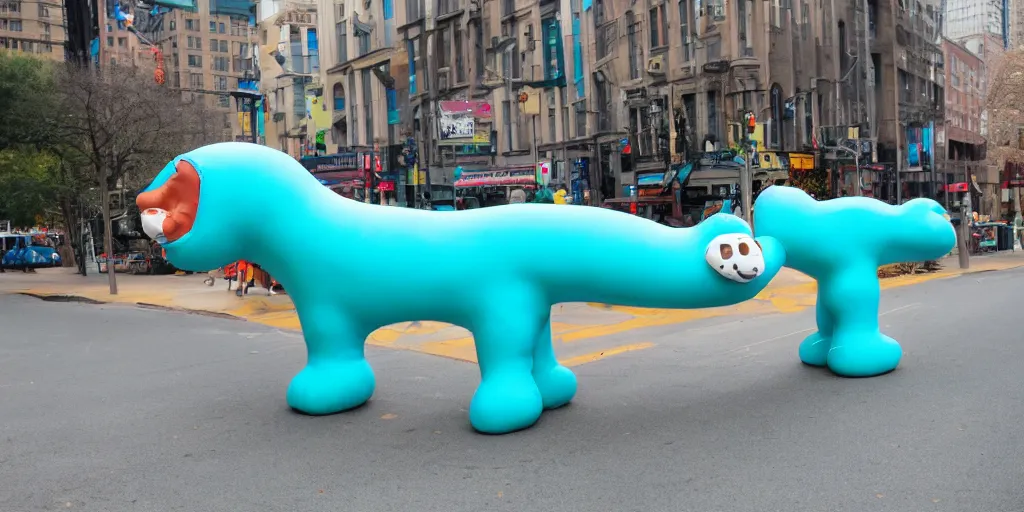 Prompt: huge turquoise wiener - shaped creatures walk around the city
