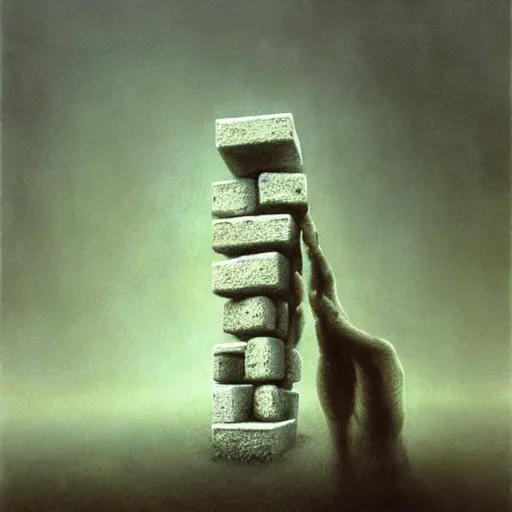 Prompt: arm reaching out of thick fog, tall cement blocks, zdzislaw beksinski