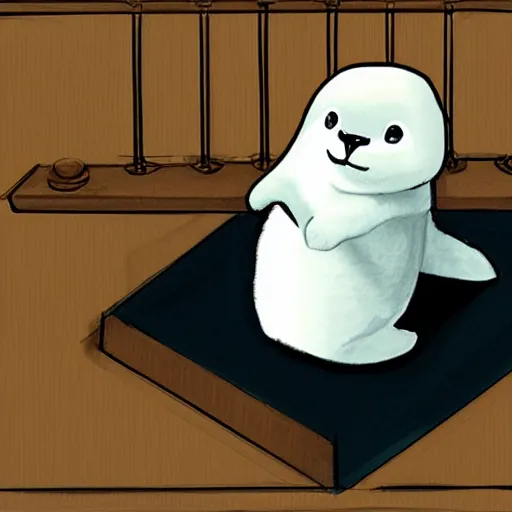 Image similar to a baby harp seal being sentenced to death by a judge, courtroom sketch