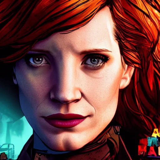 Image similar to jessica chastain portrait, borderlands, tales from the borderlands, the wolf among us, comic, cinematic lighting, studio quality, 8 k