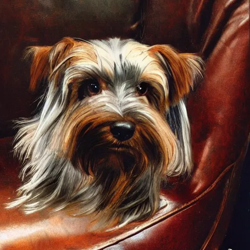 Image similar to an old happy brown and gray Yorkshire terrier dog lounging in a leather chair, long hair, extremely detailed masterpiece, oil on canvas, by Norman Rockwell,