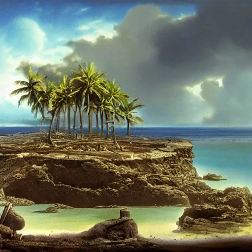 Image similar to Long forgotten island that once hosted a great civilization now gone, Tropical Island, matte painting, concept art