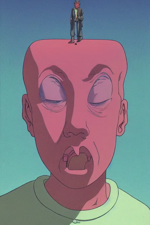 Prompt: a Hergé closeup portrait of a young alien man licking a blotter paper of LSD acid on his tongue and dreaming psychedelic hallucinations in cosmos, by kawase hasui, moebius, Edward Hopper and James Gilleard, Zdzislaw Beksinski, Steven Outram colorful flat surreal design, hd, 8k, artstation