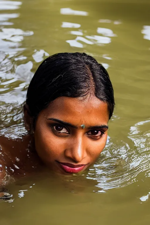 Image similar to a professional portrait photo of a sri lankan native woman, submerged in water, black hair, hunter, extremely high fidelity, natural lighting