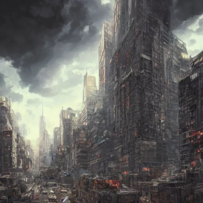Prompt: an epic fantasy comic book style landscape painting of post - apocalyptic new york city, dark clouds hyper detailed ultra sharp sharp focus, studio ghibli, unreal 5, hyperrealistic, octane render, dramatic lighting, intricate detail, cinematic, dark atmosphere