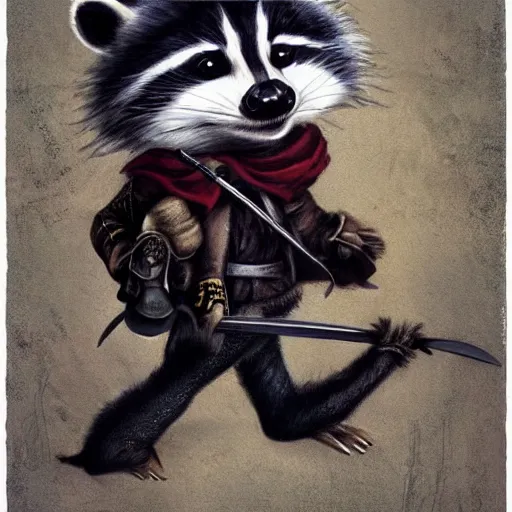 Prompt: a brave raccoon musketeer with a rapier, fantasy concept art by nicoletta ceccoli, mark ryden, lostfish, max fleischer