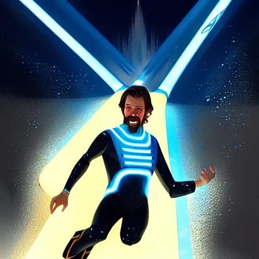 Image similar to tron legacy jesus riding waterslide, face closeup, laughing, diffuse lighting, hyper realistic, concept art, intricate, hyper detailed, smooth, sharp focus, illustration, trending on artstation, art by greg rutkowski and james gurney and alphonse mucha