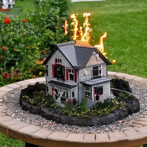 Prompt: small home garden with a rammstein concert pyrotechnics display