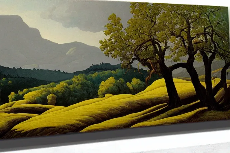 Prompt: masterpiece painting of oak trees on a hillside overlooking a creek, dramatic lighting, by a. j. casson