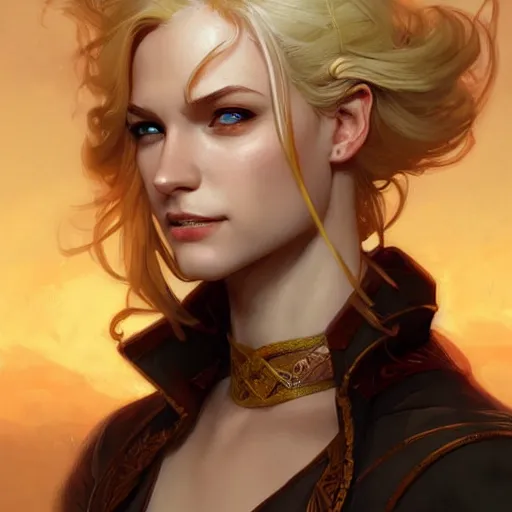 Prompt: an epic fantasy comic book style portrait painting of a young blonde thief, d & d, fantasy, joyful smirk, intricate, elegant, digital painting, artstation, concept art, extremely detailed, matte, sharp focus, illustration, art by artgerm and greg rutkowski and alphonse mucha