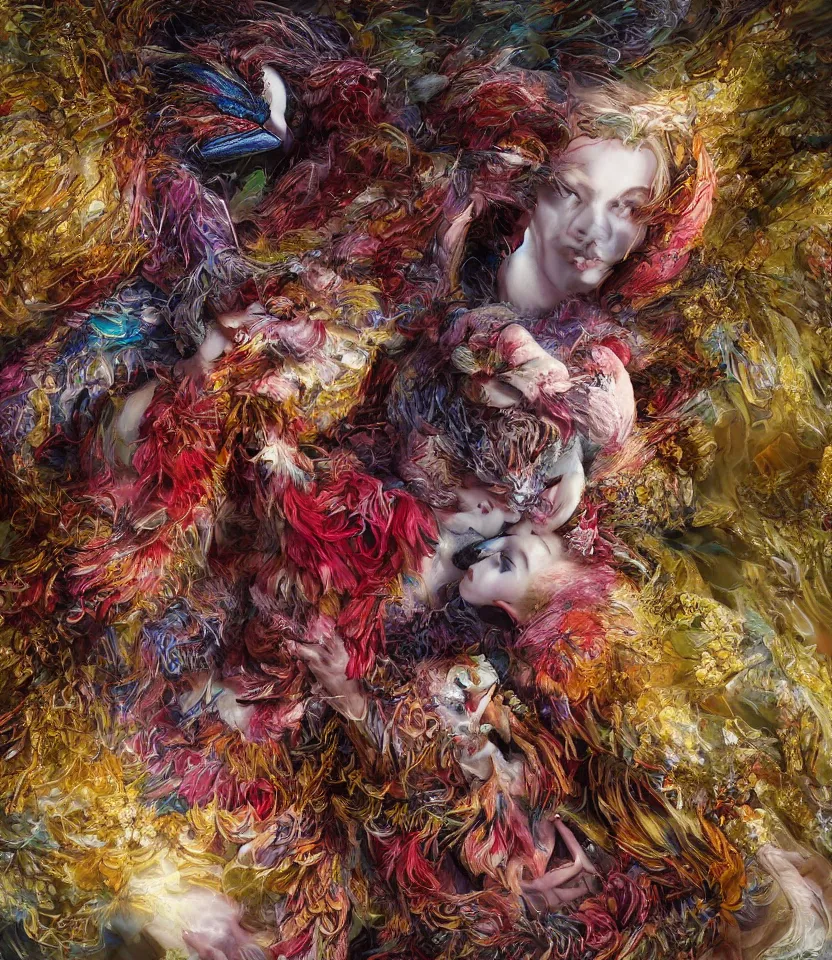 Image similar to hyper detailed 3d render like a Oil painting - kawaii portrait of hopeful lovers hugging tight or kissing pecking adorably Aurora (a beautiful girl skeksis muppet fae princess protective playful expressive acrobatic from dark crystal that looks like Anya Taylor-Joy) seen red carpet photoshoot in UVIVF posing in scaly dress to Eat of the Strangling network of yellowcake aerochrome and milky Fruit and His delicate Hands hold of gossamer polyp blossoms bring iridescent fungal flowers whose spores black the foolish stars by Jacek Yerka, Ilya Kuvshinov, Mariusz Lewandowski, Houdini algorithmic generative render, golen ratio, Abstract brush strokes, Masterpiece, Edward Hopper and James Gilleard, Zdzislaw Beksinski, Mark Ryden, Wolfgang Lettl, hints of Yayoi Kasuma and Dr. Seuss, Grant Wood, octane render, 8k