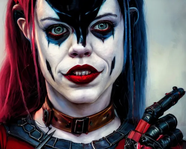 Image similar to highly detailed portrait of fairuza balk carter as harley quinn, in batman : arkham knight, stephen bliss, unreal engine, fantasy art by greg rutkowski, loish, rhads, ferdinand knab, makoto shinkai and lois van baarle, ilya kuvshinov, rossdraws, tom bagshaw, global illumination, radiant light, detailed and intricate environment