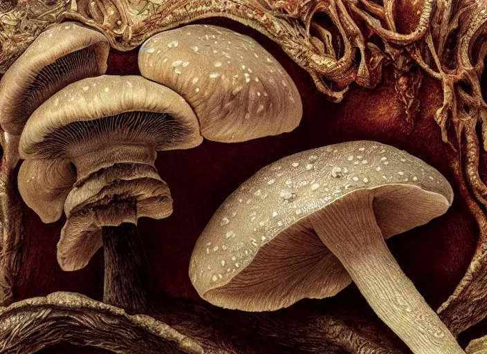 Image similar to close up shot of a mushroom with translucent skin, visible muscles and veins and arteries and bones and spines and nerves, beautiful detailed intricate insanely detailed octane render, 8k artistic photography, photorealistic, chiaroscuro, by David Cronenberg, Raphael, Caravaggio