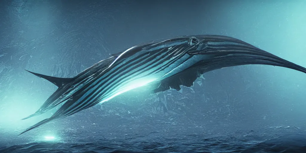 Image similar to sailfish, stylized layered textures, long flowing fins, bioluminescent orbs, 3 d render, substance painter, glowing eye, smooth, sharp focus, art by h r giger