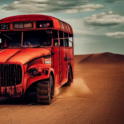 Prompt: photo of a red bus in desert, mad max fury road style, dynamic, fast moving