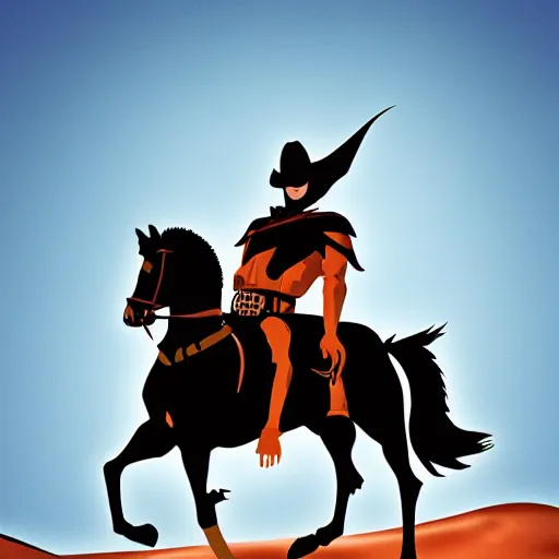 Image similar to gunslinger on a horse overlooking the desert, in the style of Batman the animated series by Bruce Trimm