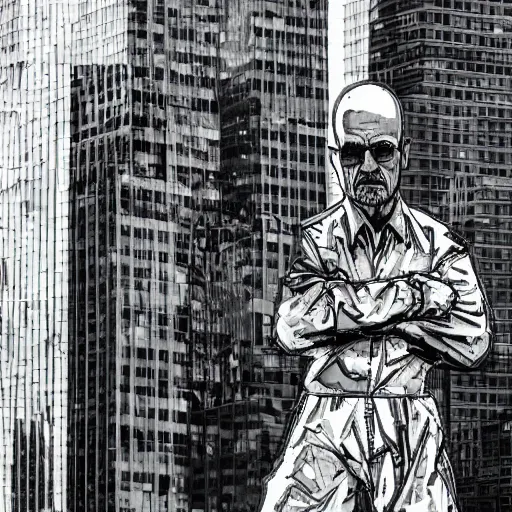 Image similar to a huge mechanical walter white destroying nyc