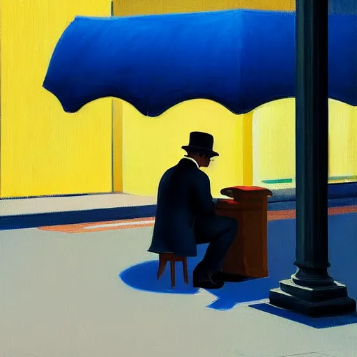 Image similar to painting of a businessman sitting in the street like a homeless person. by edward hopper and james gilleard