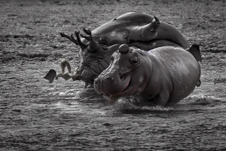 Image similar to hippo with eagle wings fighting zombies, cinematic, dramatic lighting