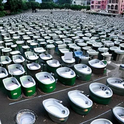 Prompt: city with army of toilets populated by s