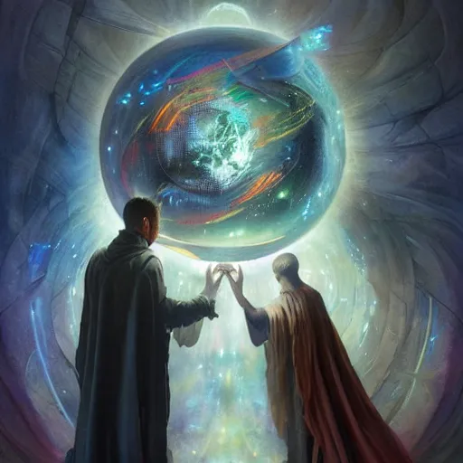 Image similar to the creator of worlds wearing a cloak and holding a holographic planet projection in his hand, detailed, sci - fi, digital painting, artstation, sharp focus, illustration, ominous, artgerm, tomasz alen kopera, peter mohrbacher, donato giancola, joseph christian leyendecker, wlop, frank frazetta