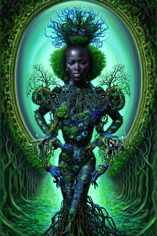 Prompt: hyperrealistic neo - baroque super expressive! black woman with exoskeleton armor, merging with tree in a forest, highly detailed digital art masterpiece smooth cam de leon hannah yata dramatic pearlescent blue green light ground angle hd 8 k sharp focus