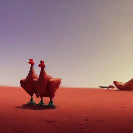 Image similar to cyborg chickens in the desert, Masterpiece, Edward Hopper and James Gilleard, Zdzislaw Beksinski, Mark Ryden, Wolfgang Lettl, hints of Yayoi Kasuma, octane render, 8k.