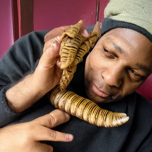 Image similar to john coltrane snuggling a giant mealworm