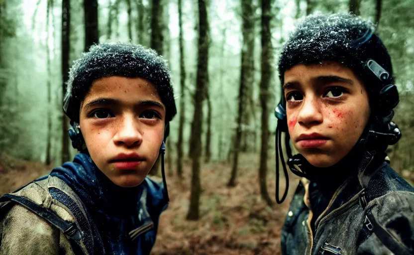 Prompt: cinestill 5 0 d candid photographic portrait by helen levitt of a mixed teen wearing rugged black mesh techwear riding on a dirtbike through a deep forest, extreme closeup, modern cyberpunk moody emotional cinematic, snow storm, 8 k, hd, high resolution, 3 5 mm, f / 3 2, ultra realistic faces, ex machina