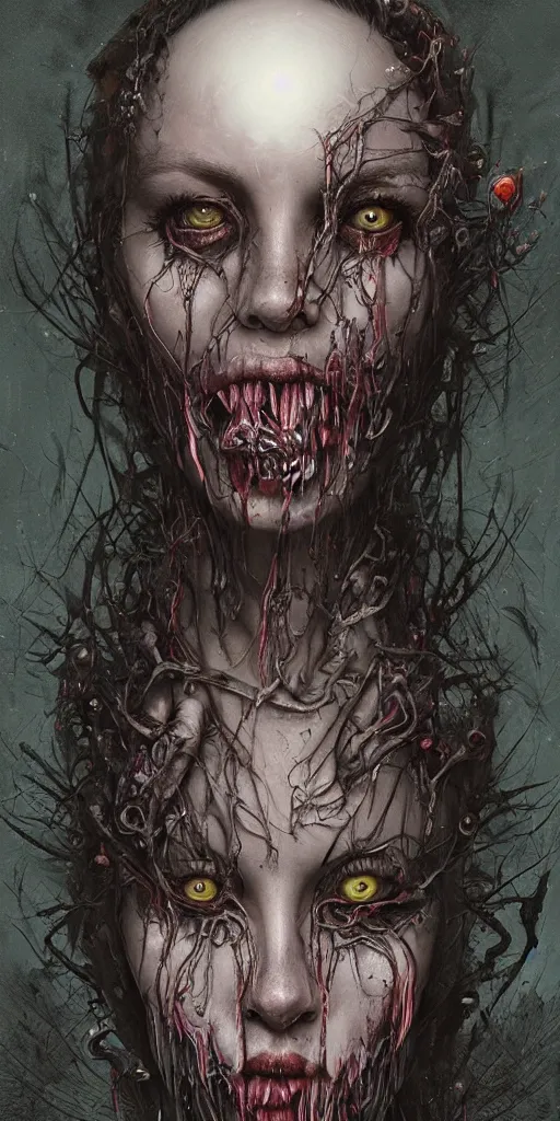 Image similar to nightmare portrait of the awakening of my 3rd eye,full character, melting ,8k,by tristan eaton,Stanley Artgermm,Tom Bagshaw,Greg Rutkowski,Carne Griffiths, Ayami Kojima, Beksinski, Giger,trending on DeviantArt,face enhance,hyper detailed,minimalist,horror, android, full of colour