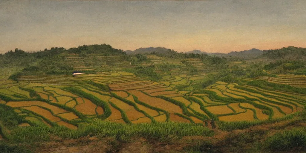 Prompt: painting of a rice terrace in the evening