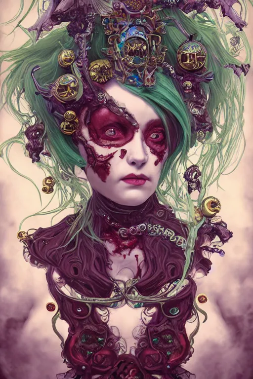 Image similar to rococo upper body portrait sigil with the intent of conquering the world lovecraftian undead zombie queen, green hair, by tian zi and wlop and alphonse mucha ornaments and gems hdr 8 k 3 d dslr hdr trending on artstation rendered with cryengine