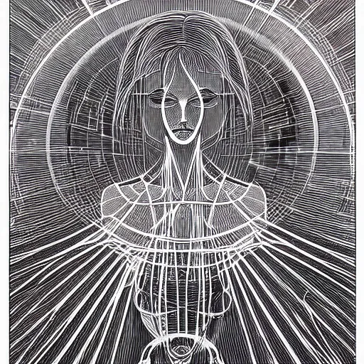 Prompt: symmetric!, dark beautiful woman holding a brain in her hands, zoomed out, surrounded by a floral halo of wires and mathematical drawings of microcircuits and geometry, in the style of giraud moebius!!, dark sci - fi