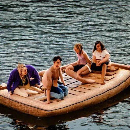 Image similar to four people on a wooden raft