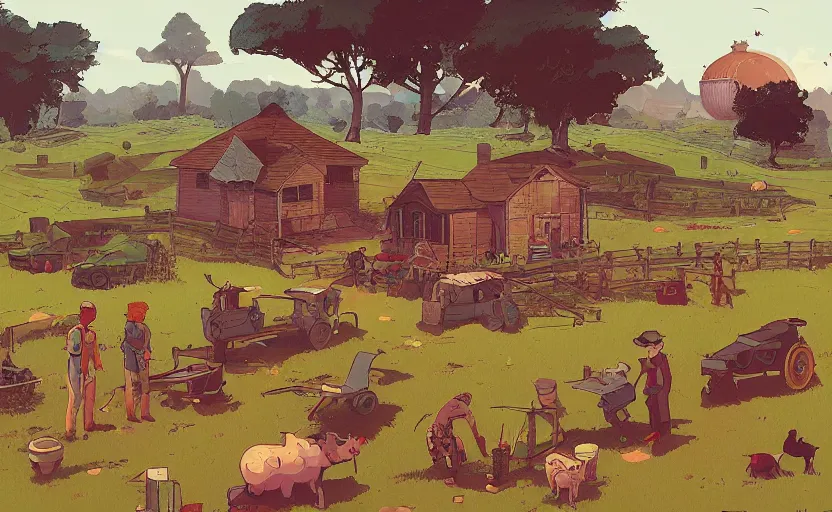 Image similar to people farming on a farm, small village, moebius, james gilleard, print, game art, storybook