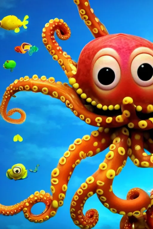 Image similar to Excited octopus in a shape of parachute holding aquarium in tentacles flying in a blue sky with white clouds . Pixar Disney render 3d animation movie Oscar winning